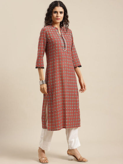 Women's Maroon Geometric Printed Cotton Kurta