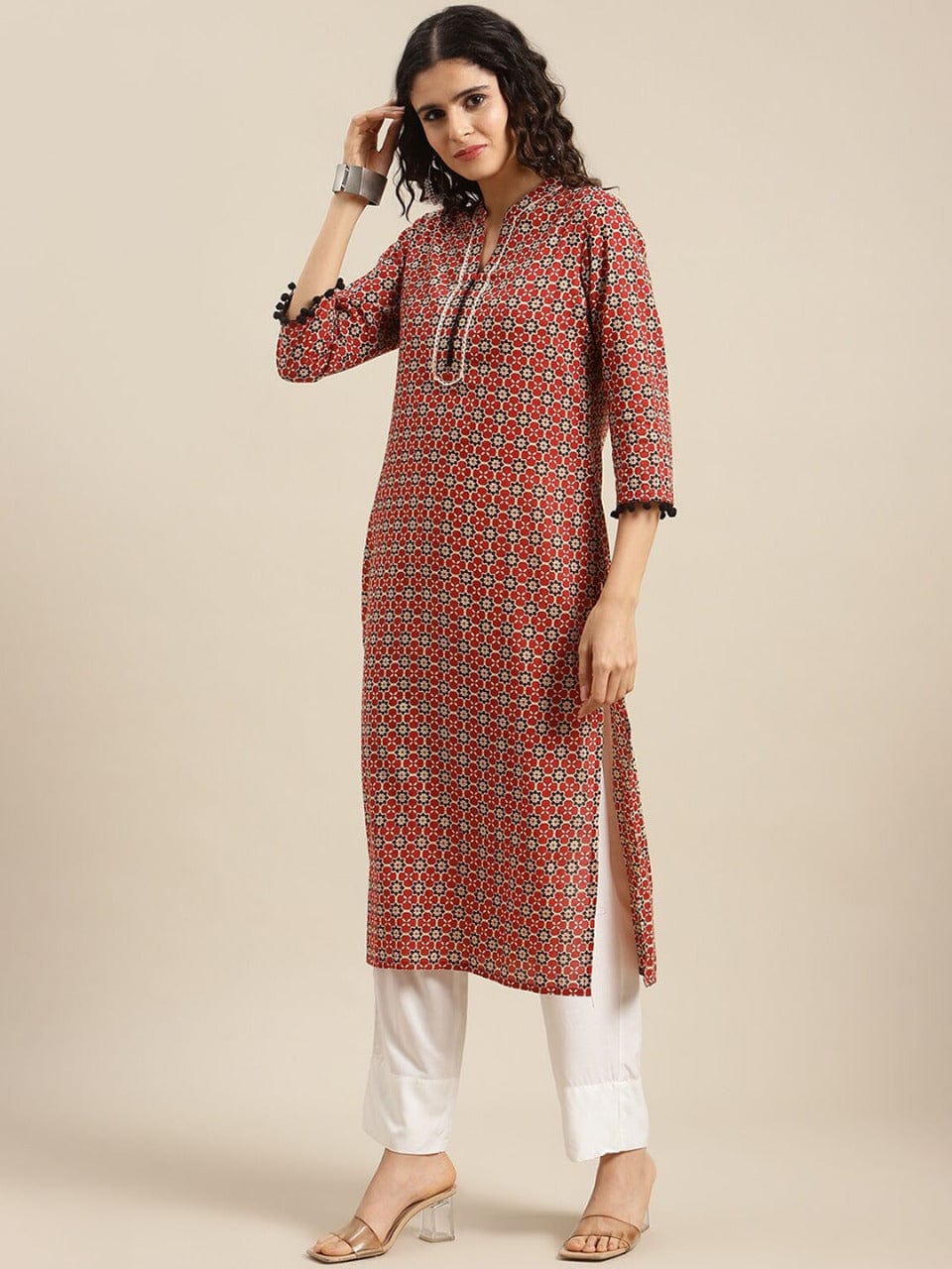 Women's Maroon Geometric Printed Cotton Kurta