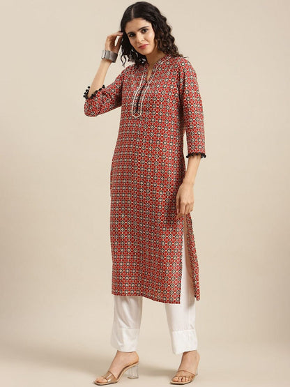 Women's Maroon Geometric Printed Cotton Kurta