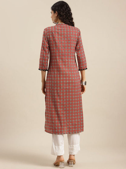 Women's Maroon Geometric Printed Cotton Kurta
