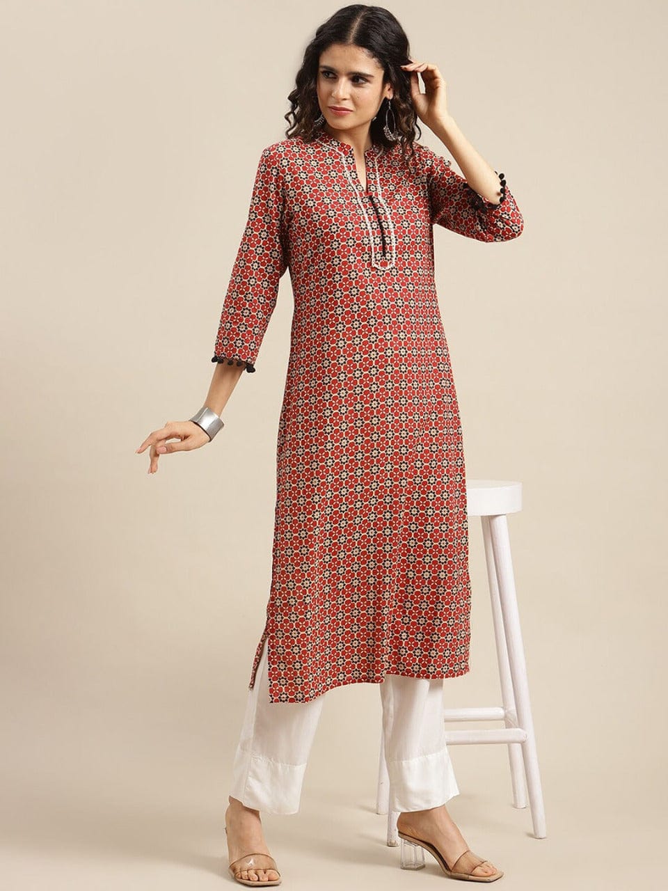 Women's Maroon Geometric Printed Cotton Kurta