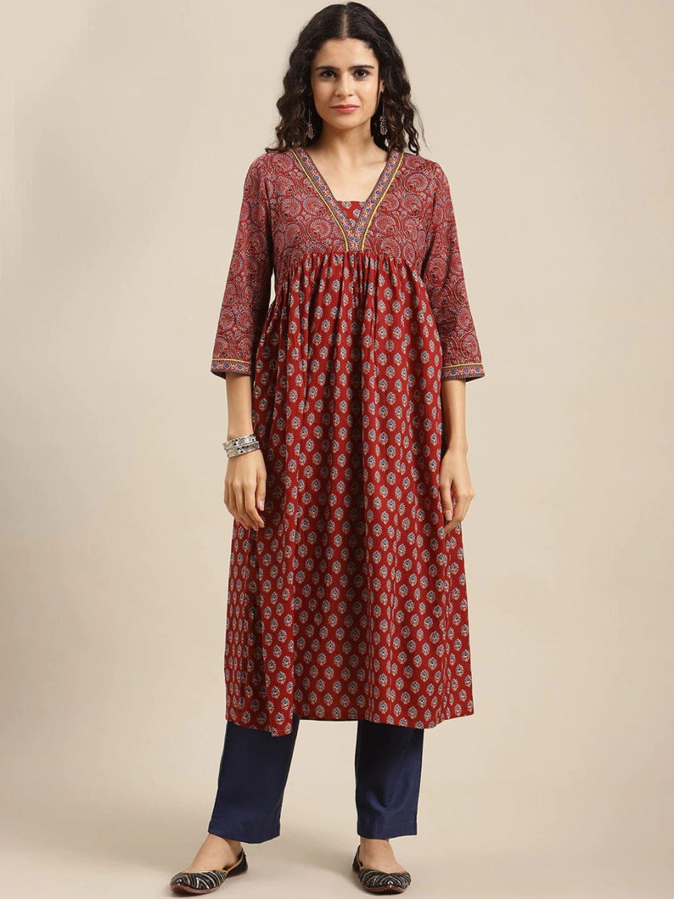 Women's Maroon Ethnic Motifs Printed Kurta
