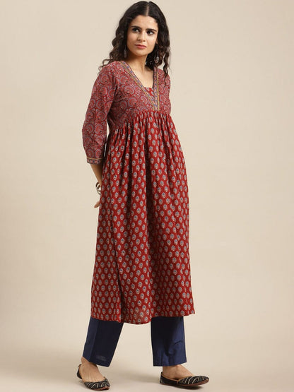 Women's Maroon Ethnic Motifs Printed Kurta