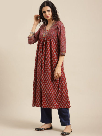 Women's Maroon Ethnic Motifs Printed Kurta