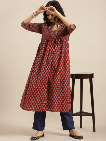 Women's Maroon Ethnic Motifs Printed Kurta