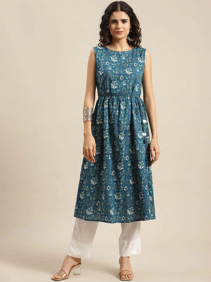Women's Teal Green Ethnic Motifs Printed Kurta