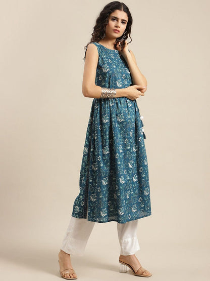 Women's Teal Green Ethnic Motifs Printed Kurta