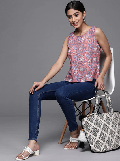 Women's Pink & Blue Floral Print Cotton Top