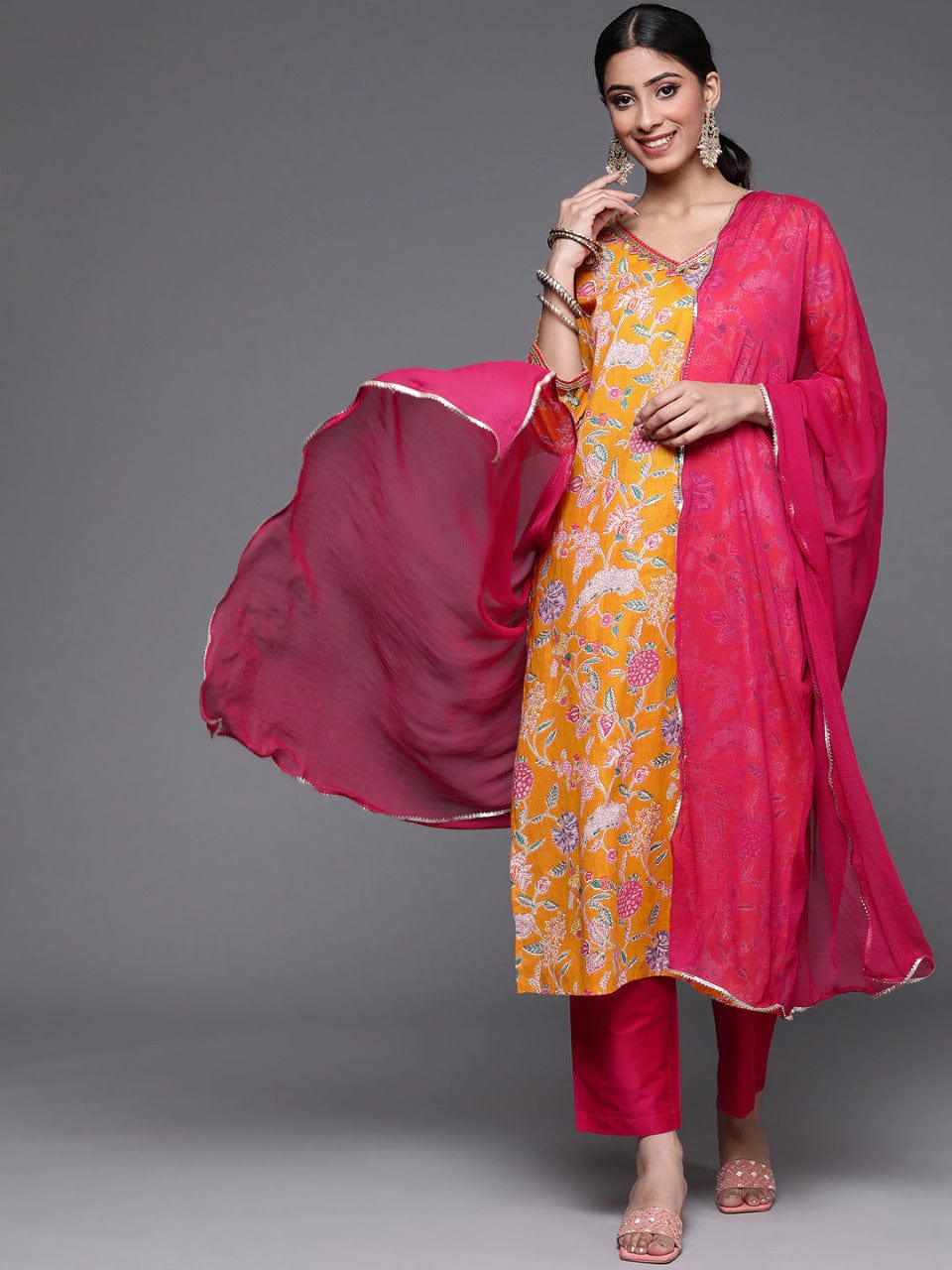 Women's Mustard Yellow Ethnic Motifs Printed Kurta with Trousers & Dupatta