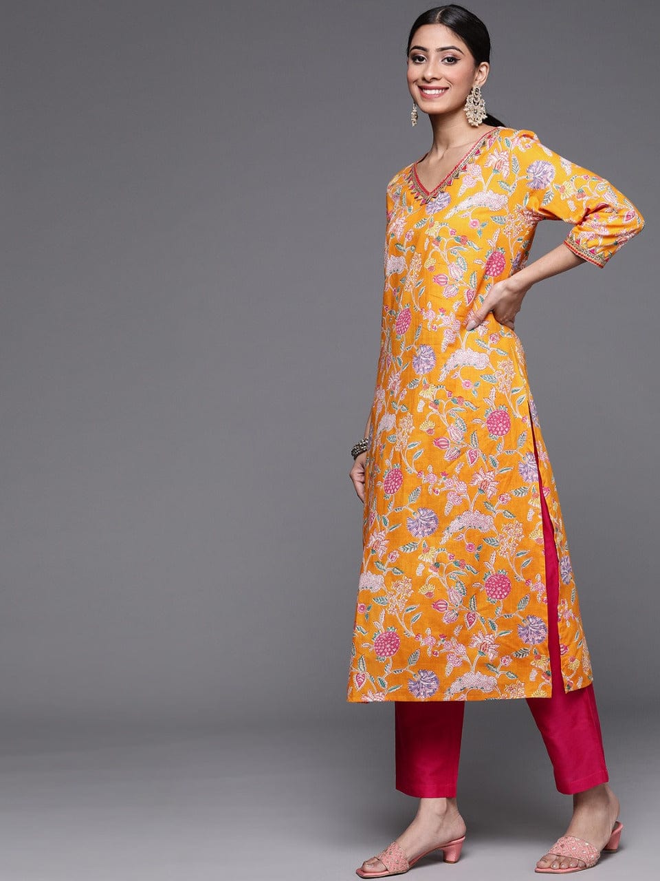 Women's Mustard Yellow Ethnic Motifs Printed Kurta with Trousers & Dupatta