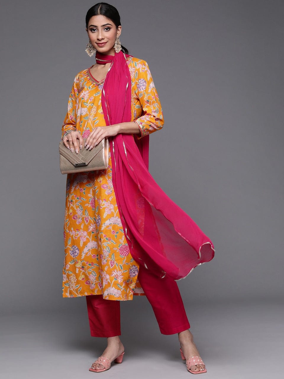 Women's Mustard Yellow Ethnic Motifs Printed Kurta with Trousers & Dupatta