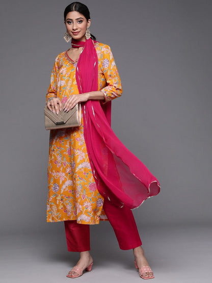 Women's Mustard Yellow Ethnic Motifs Printed Kurta with Trousers & Dupatta