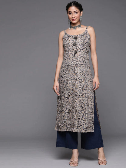 Women's Beige & Navy Blue Paisley Printed Kurta