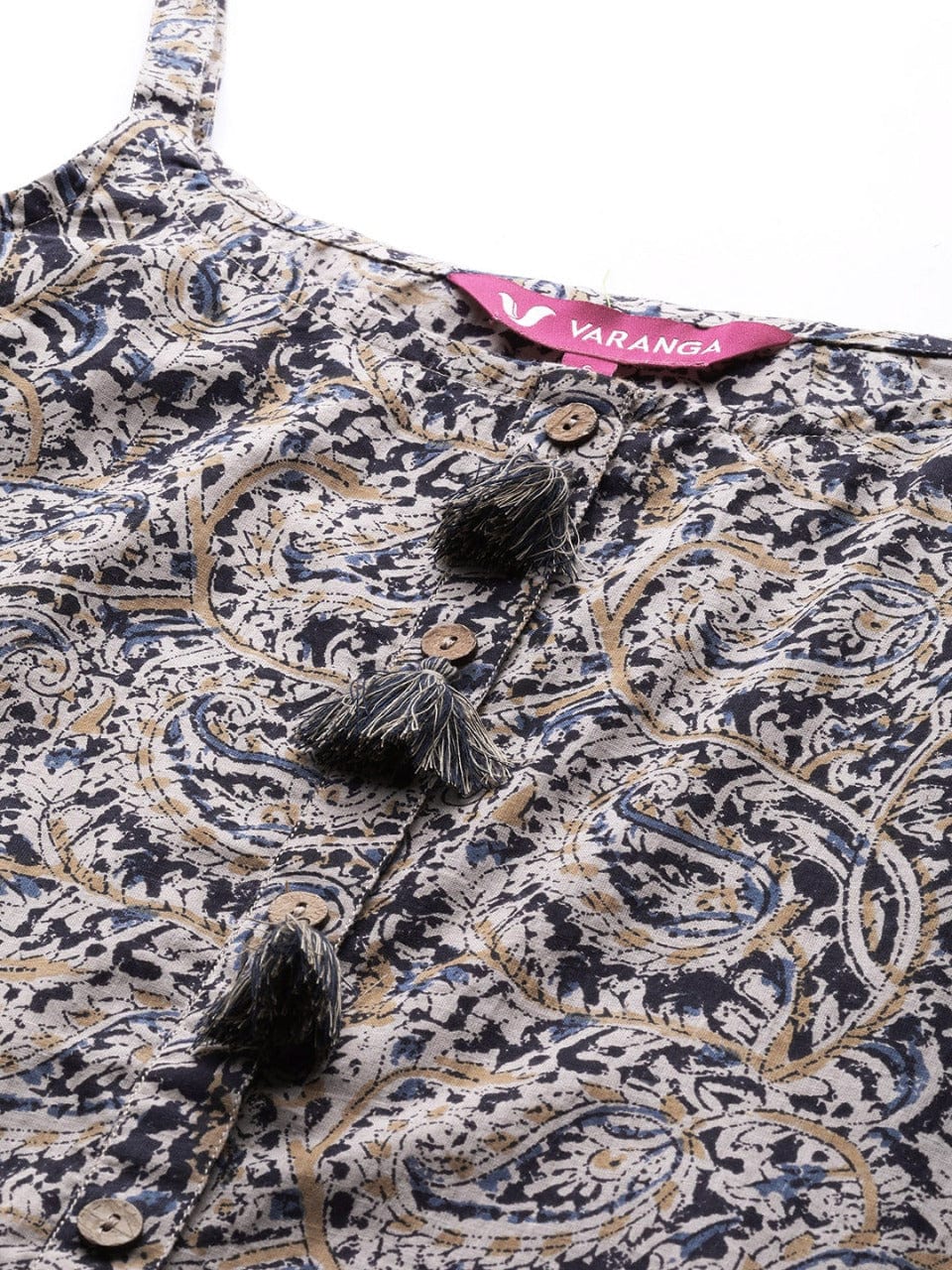 Women's Beige & Navy Blue Paisley Printed Kurta