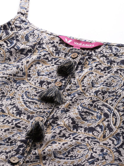 Women's Beige & Navy Blue Paisley Printed Kurta