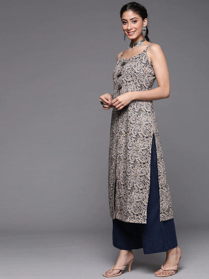 Women's Beige & Navy Blue Paisley Printed Kurta