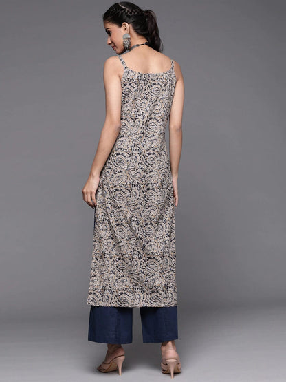 Women's Beige & Navy Blue Paisley Printed Kurta