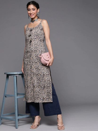 Women's Beige & Navy Blue Paisley Printed Kurta