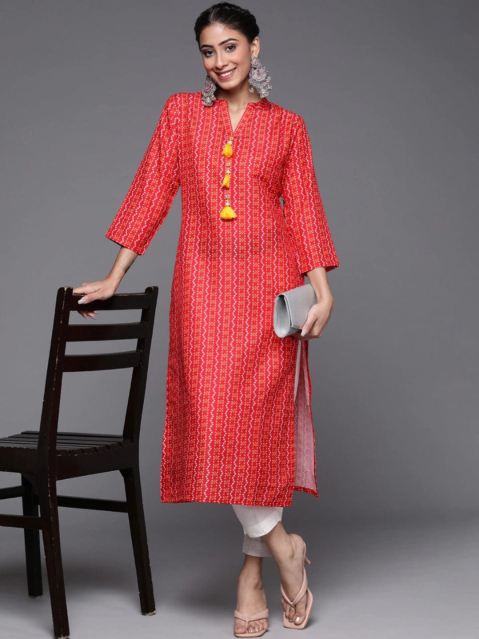 Women's Red Bandhani Printed Kurta