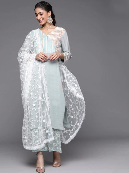 Women's Grey Ethnic Motifs Angrakha Cotton Kurta with Palazzos & Dupatta