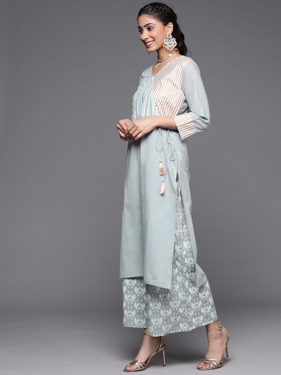 Women's Grey Ethnic Motifs Angrakha Cotton Kurta with Palazzos & Dupatta