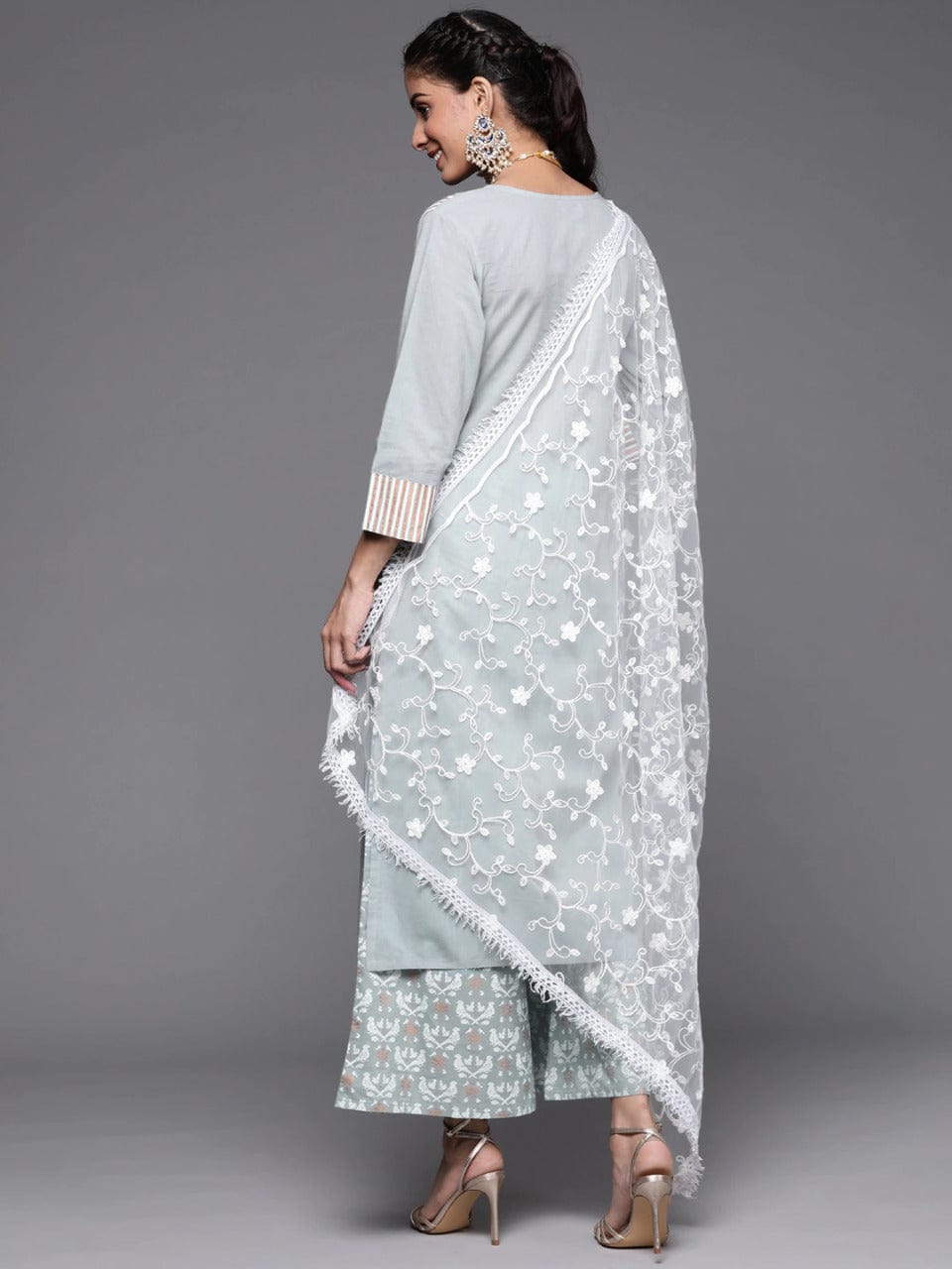 Women's Grey Ethnic Motifs Angrakha Cotton Kurta with Palazzos & Dupatta