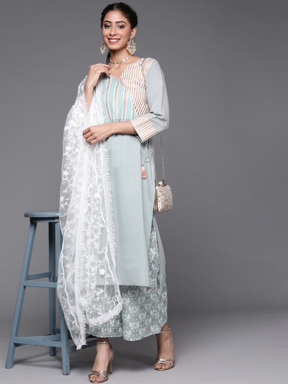 Women's Grey Ethnic Motifs Angrakha Cotton Kurta with Palazzos & Dupatta
