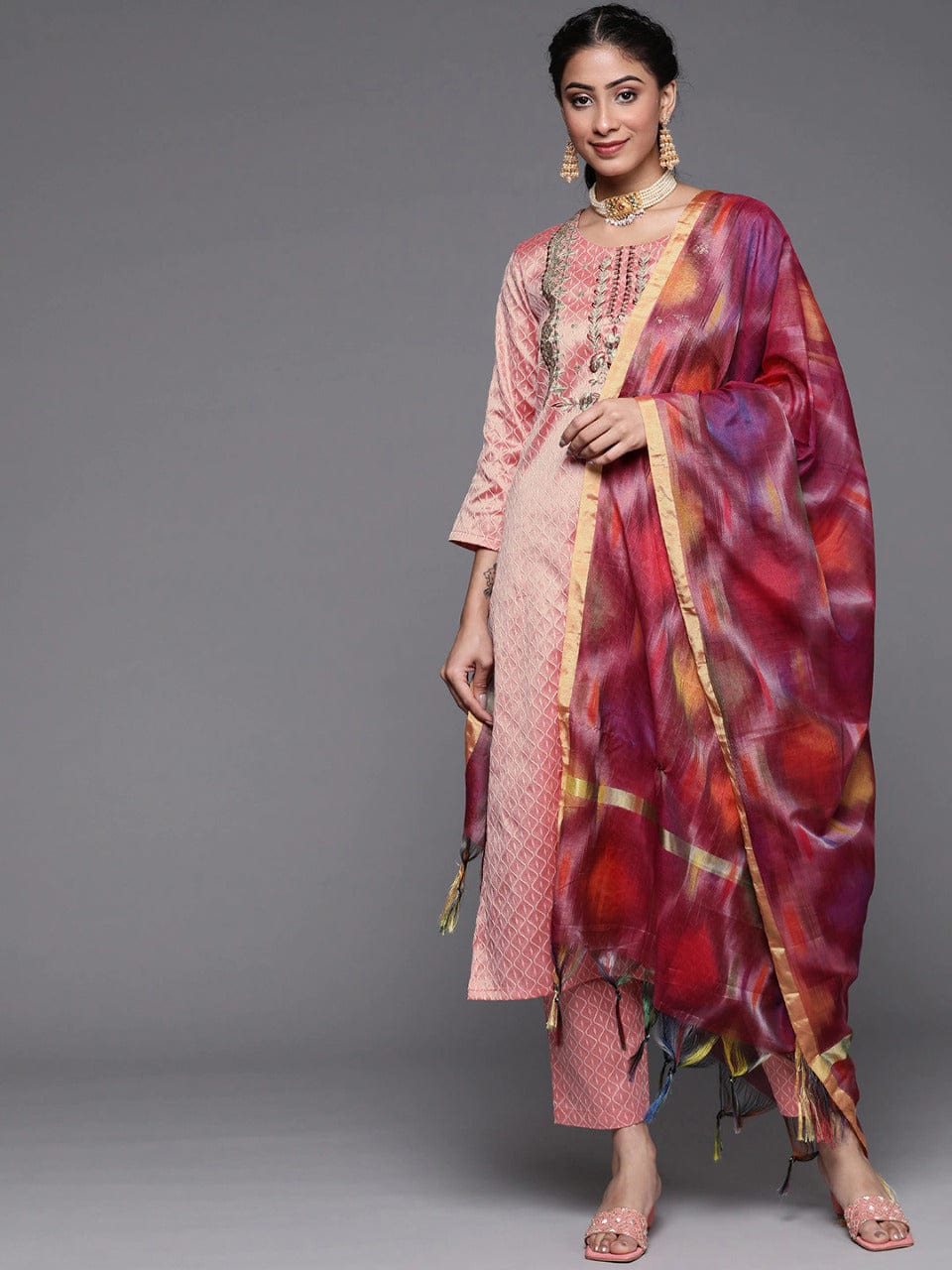Women's Dusty Pink Ethnic Motifs Embroidered Kurta with Trousers & Dupatta