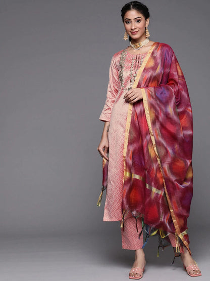 Women's Dusty Pink Ethnic Motifs Embroidered Kurta with Trousers & Dupatta