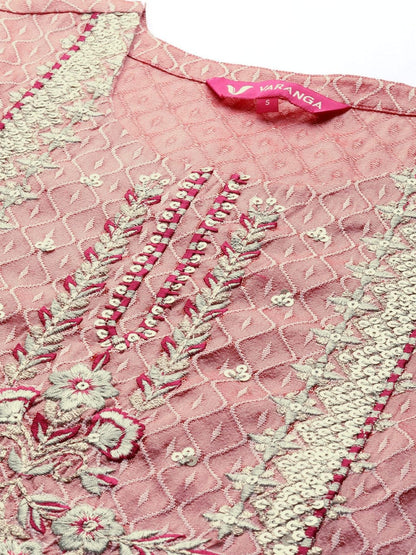 Women's Dusty Pink Ethnic Motifs Embroidered Kurta with Trousers & Dupatta