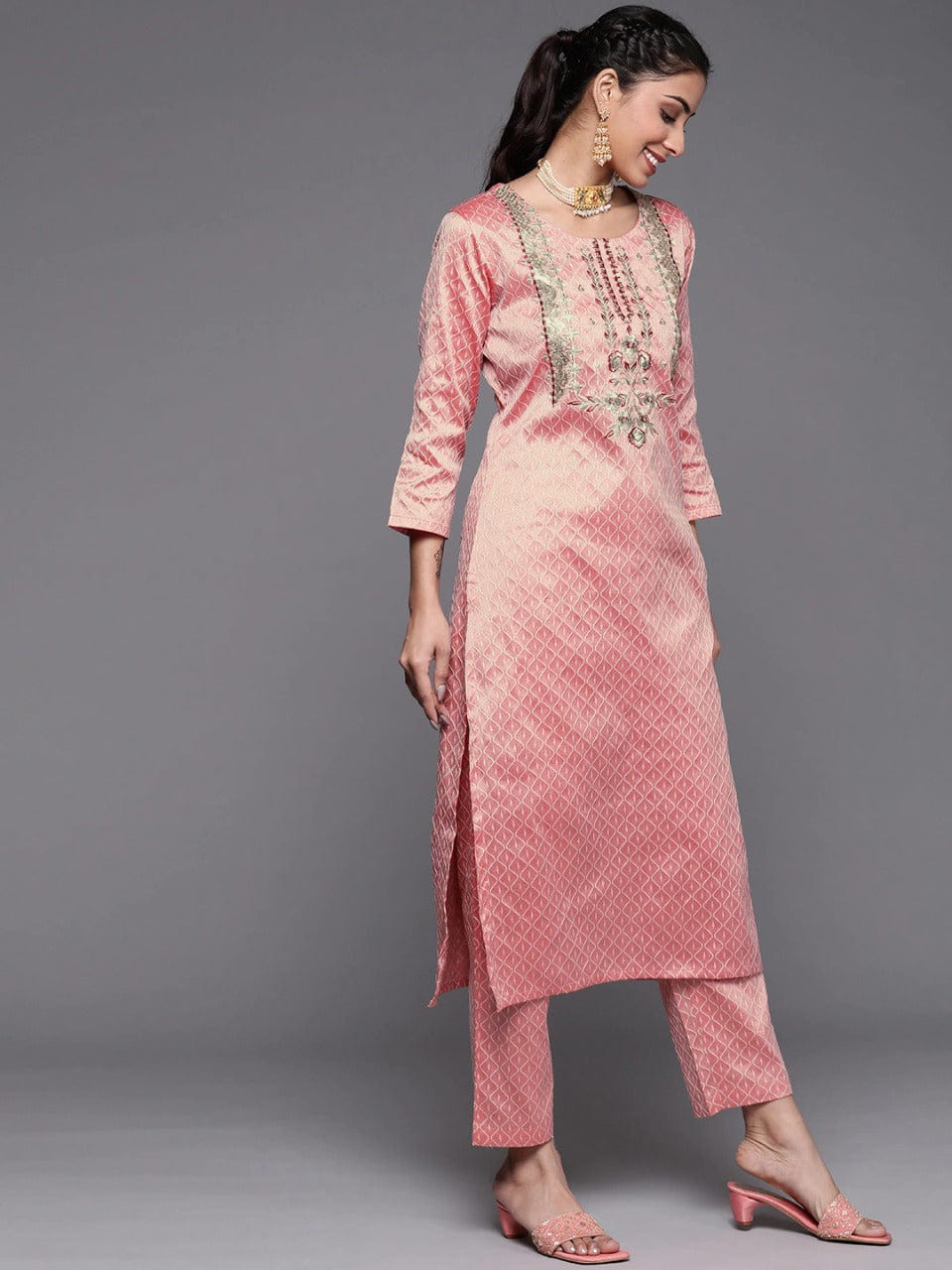 Women's Dusty Pink Ethnic Motifs Embroidered Kurta with Trousers & Dupatta