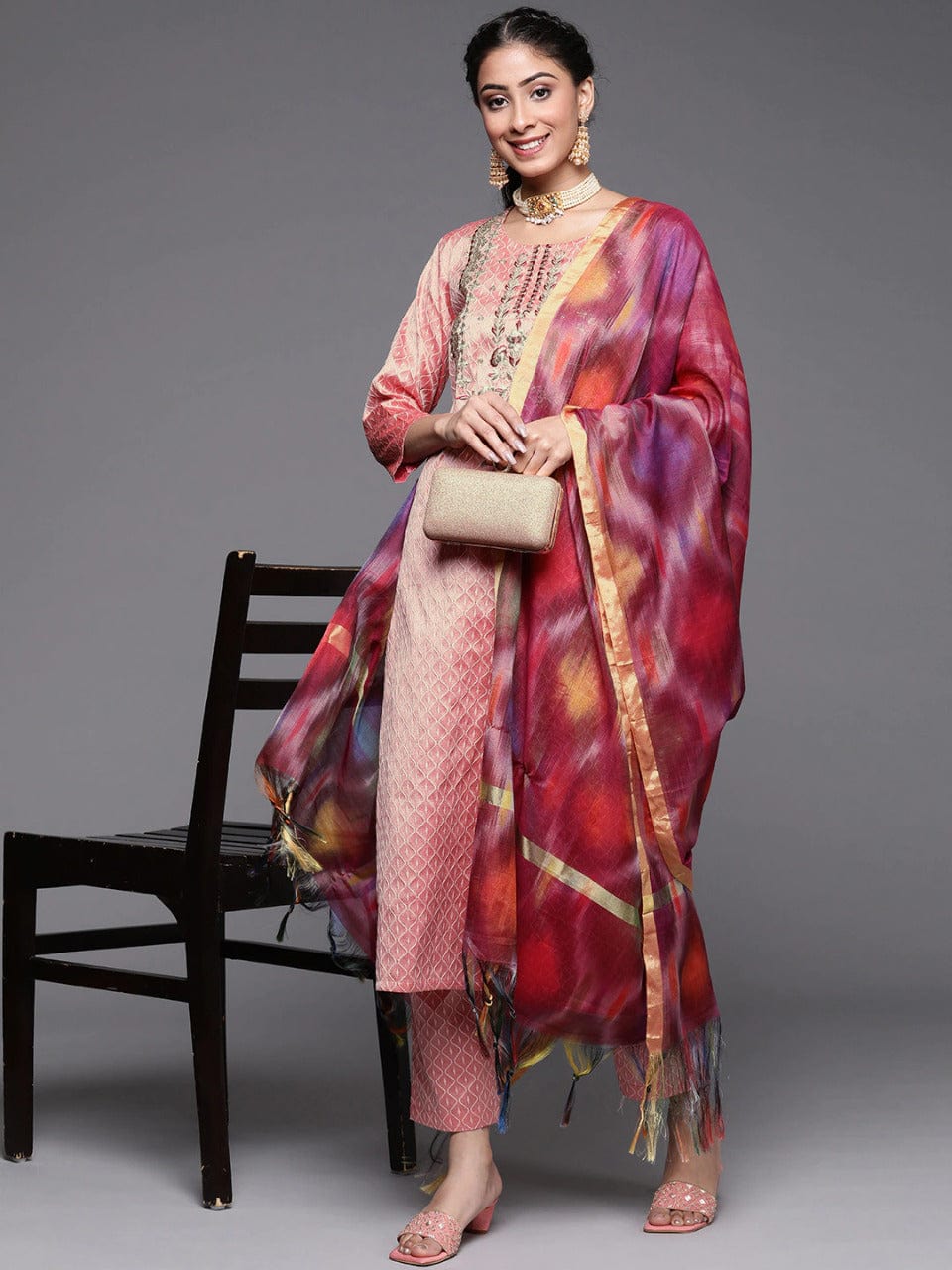 Women's Dusty Pink Ethnic Motifs Embroidered Kurta with Trousers & Dupatta