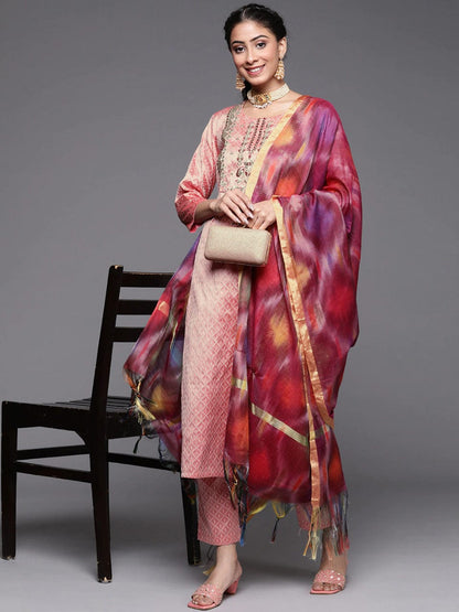 Women's Dusty Pink Ethnic Motifs Embroidered Kurta with Trousers & Dupatta