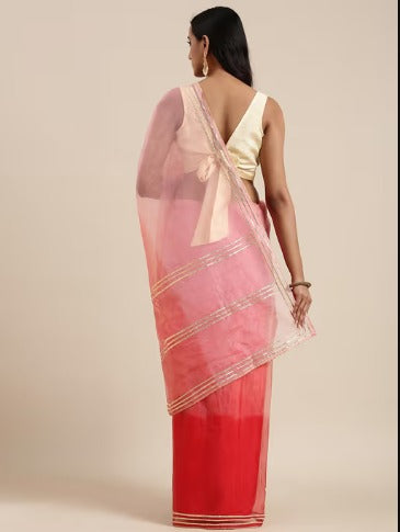 Women's Peach Hand Dyed Lace Work Organza Saree