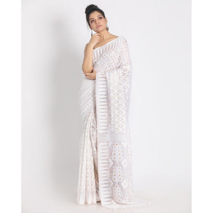 Women's White Cotton Silk Jamdani Saree