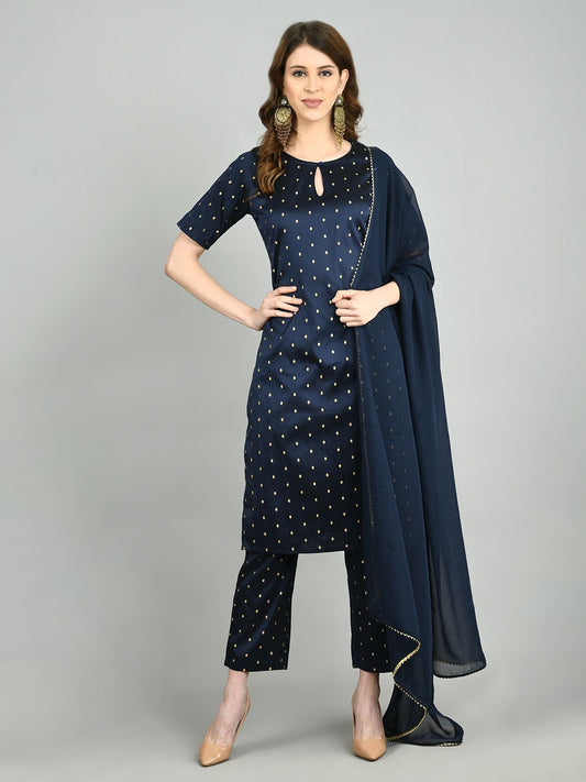 Women's Navy Blue Polyester Printed Half Sleeve Round Neck Casual Kurta Pant Dupatta Set