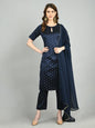 Women's Navy Blue Polyester Printed Half Sleeve Round Neck Casual Kurta Pant Dupatta Set