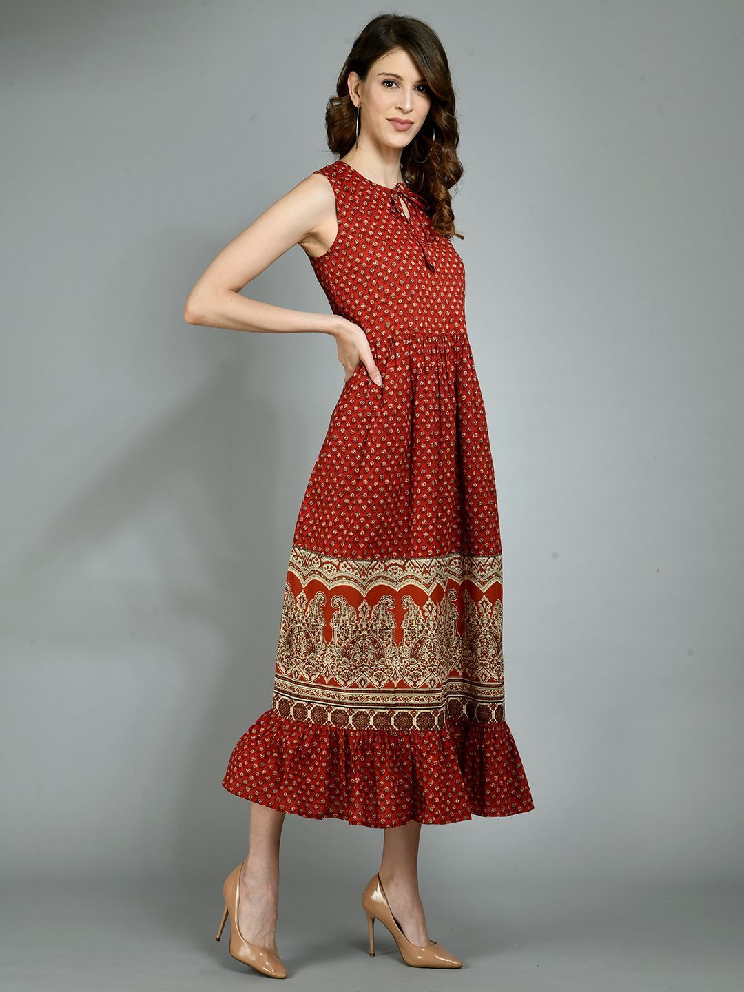 Women's Light Maroon Cotton Printed Sleeveless Round Neck Casual Dress