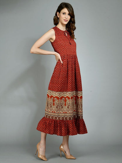 Women's Light Maroon Cotton Printed Sleeveless Round Neck Casual Dress