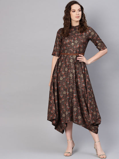 Women's Rayon Printed Asymmetric Dress With Belt