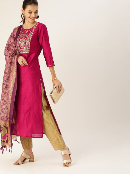 Women's Magenta & Beige Embroidered Straight Kurta