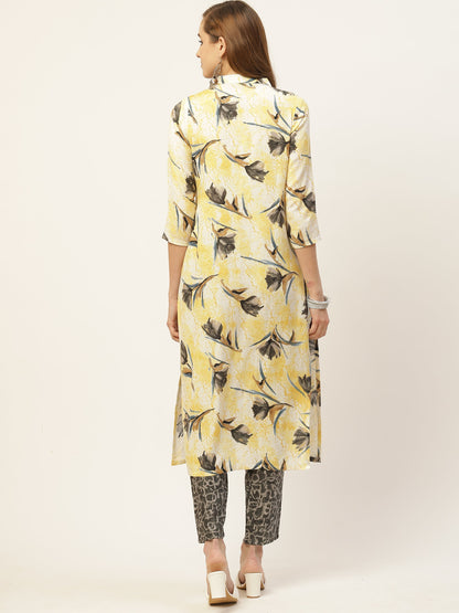 Women's Yellow Color Rayon Blend Straight Foil Printed Kurta Palazzo Set