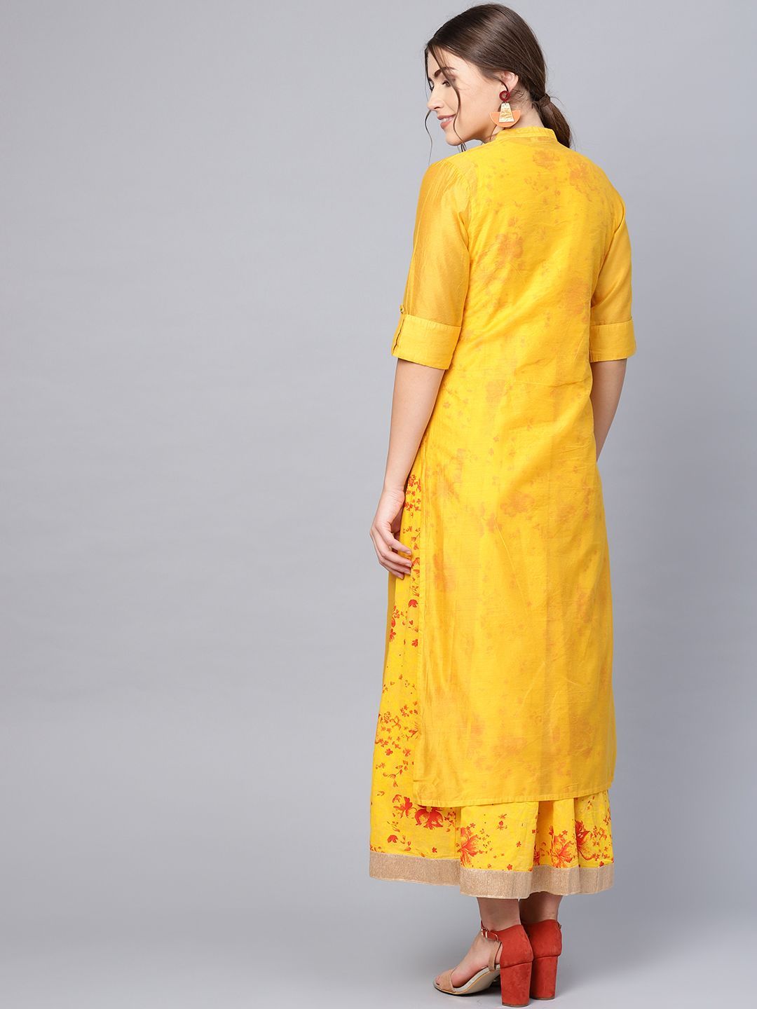 Women's Mustard Chanderi Embroidered 2 Piece Kurta Dress