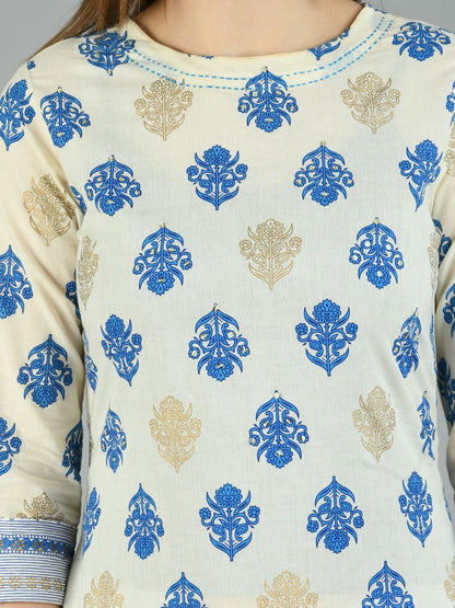 Women's Multi Cotton Printed 3/4 Sleeve Round Neck Casual Kurta Palazzo Set