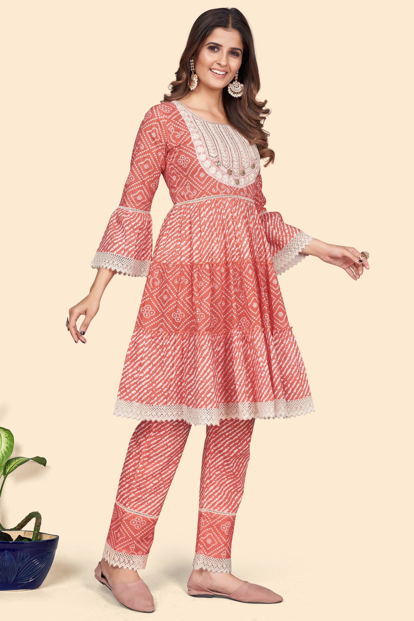 Women's Bandhani Print & Embroidered Flared Cotton Orange Stitched Top With Pant