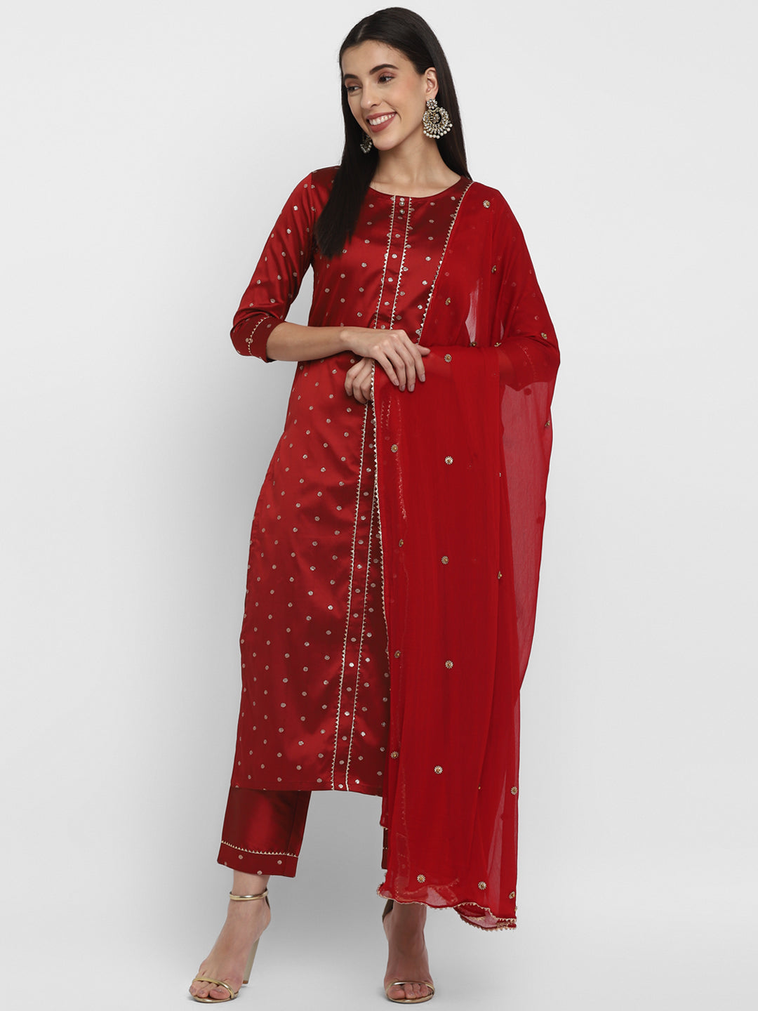 Women's Maroon Color Polyster blend Self Design Kurta Pant With Dupatta