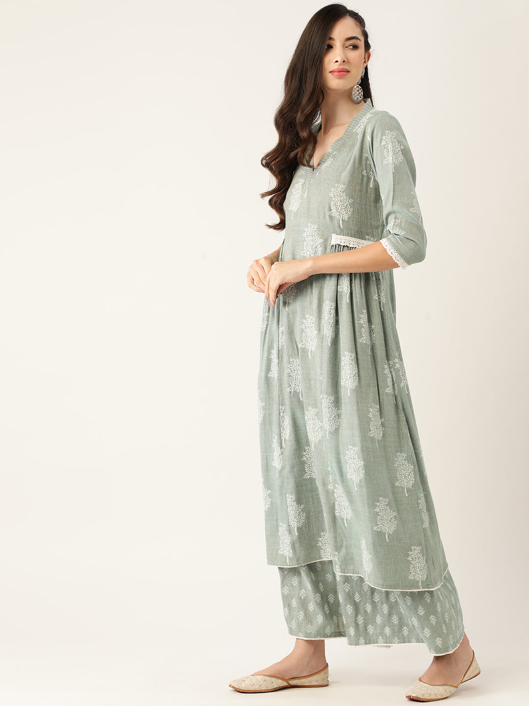 Women's Green Color Rayon Blend Printed Kurta Palazzo With Dupatta