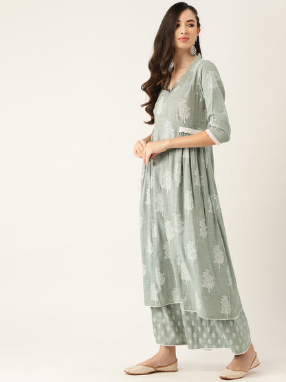 Women's Green Color Rayon Blend Printed Kurta Palazzo With Dupatta