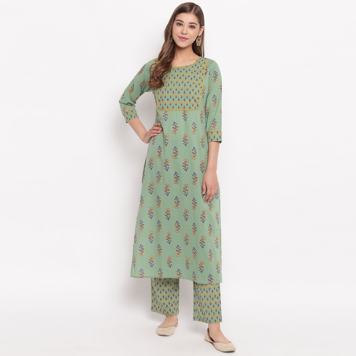 Women's Floral Print Straight Cotton Pista Kurta With Palazzo