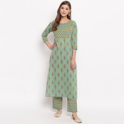 Women's Floral Print Straight Cotton Pista Kurta With Palazzo